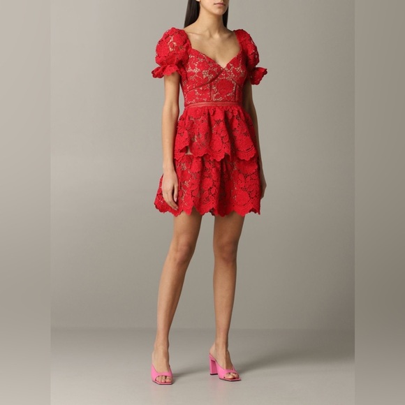 Self Portrait / NWT red guipure embroider ruffle puff Flower Lace Mini Dress 2 - Picture 1 of 9